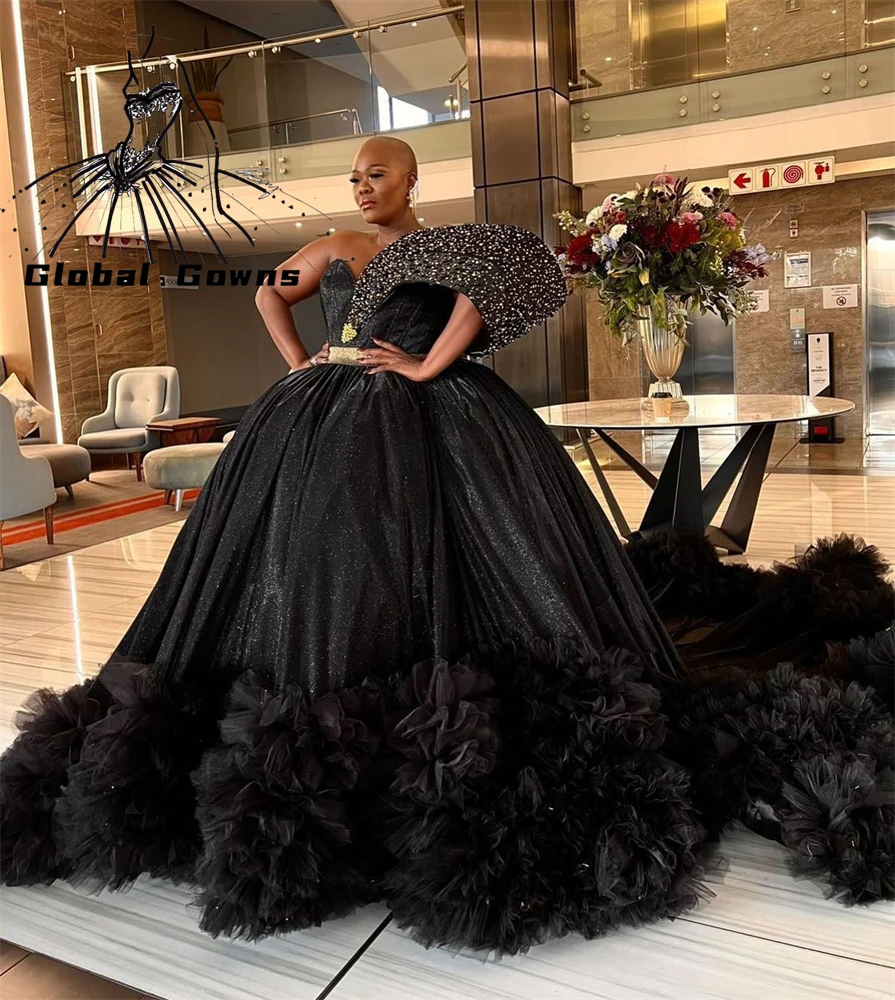 Vestido De baile De quinceañera con volantes para niñas, vestidos De fiesta De cumpleaños, vestidos De graduación con cuentas, negro