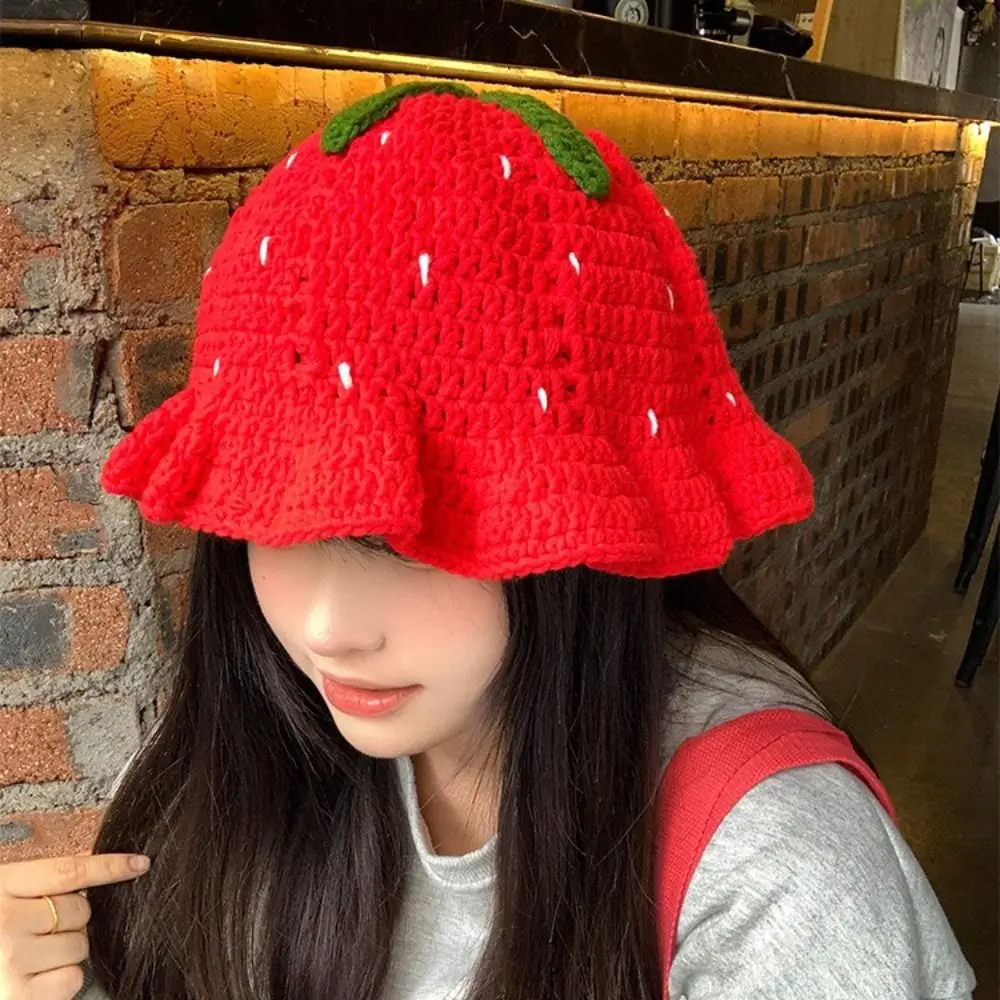 

Cute Handmade Fisherman Hat Strawberry Design Warm Knitted Hat Red Hollow Yarn Hat for Girl