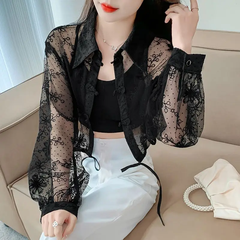 Women\'s Vintage Chinese Style Lace Long Sleeve Sunscreen Shirt Summer Sexy See Through Sweet Chic Blouse Female Solid Loose Tops