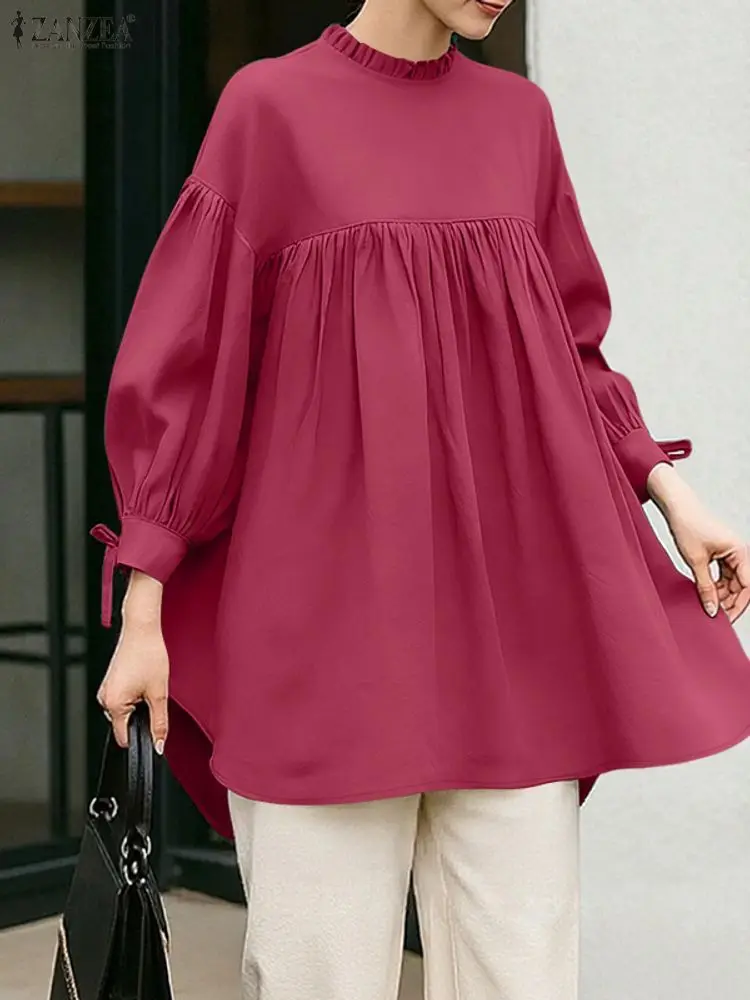 ZANZEA 패션 여성 긴팔 탑 2025 가을 블라우스 캐주얼 O넥 루즈 셔츠 여성 우아한 오피스 워크 블라우스 오버사이즈