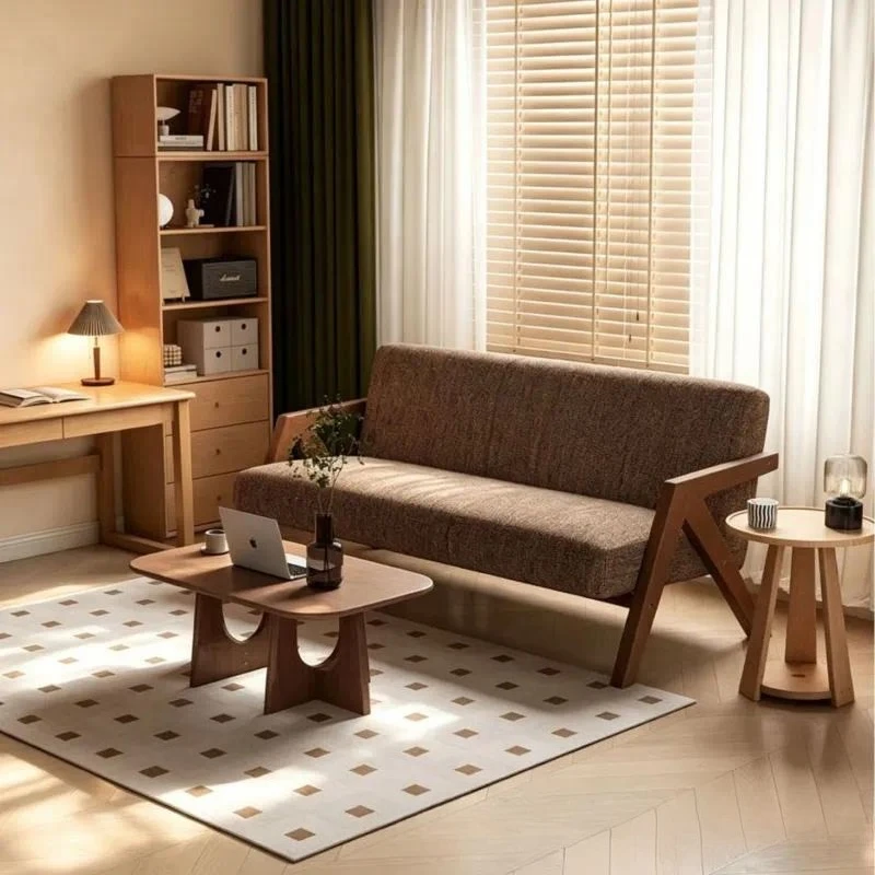 Brown fabric double sofa solid wood cross armrest simple living room balcony bed and breakfast furniture