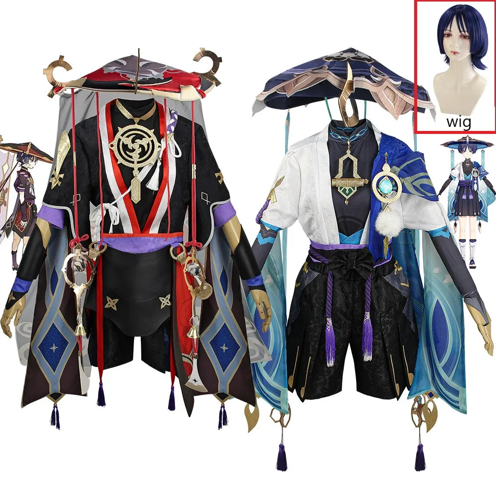 

Genshin Impact Scaramouche Wanderer Cosplay Costume Halloween Balladeer Kunikuzushi Bucket Hat Wig Costume Cos Sumeru Anemo Suit