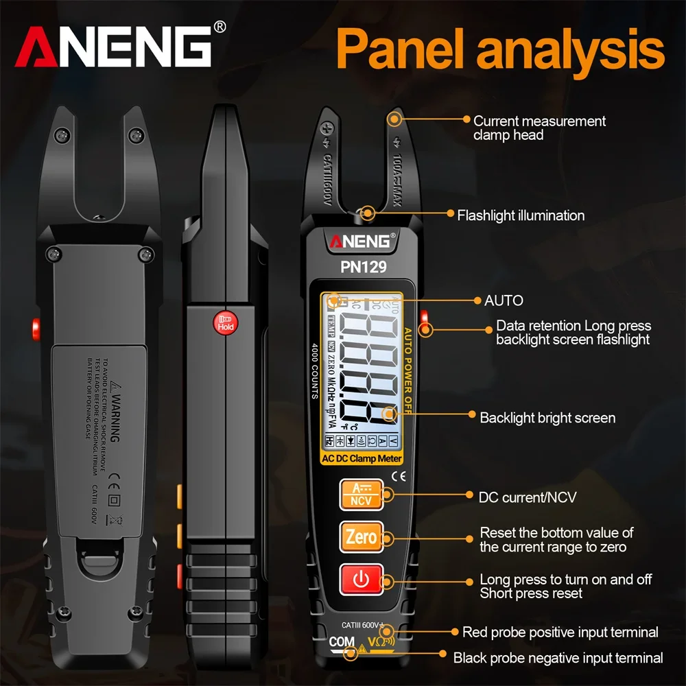 

Цифровой клещевой мультиметр ANENG PN129, 4000 измерений, измерение напряжения AC/DC, тока, емкости, NCV, тестер сопротивления, инструмент для электрика