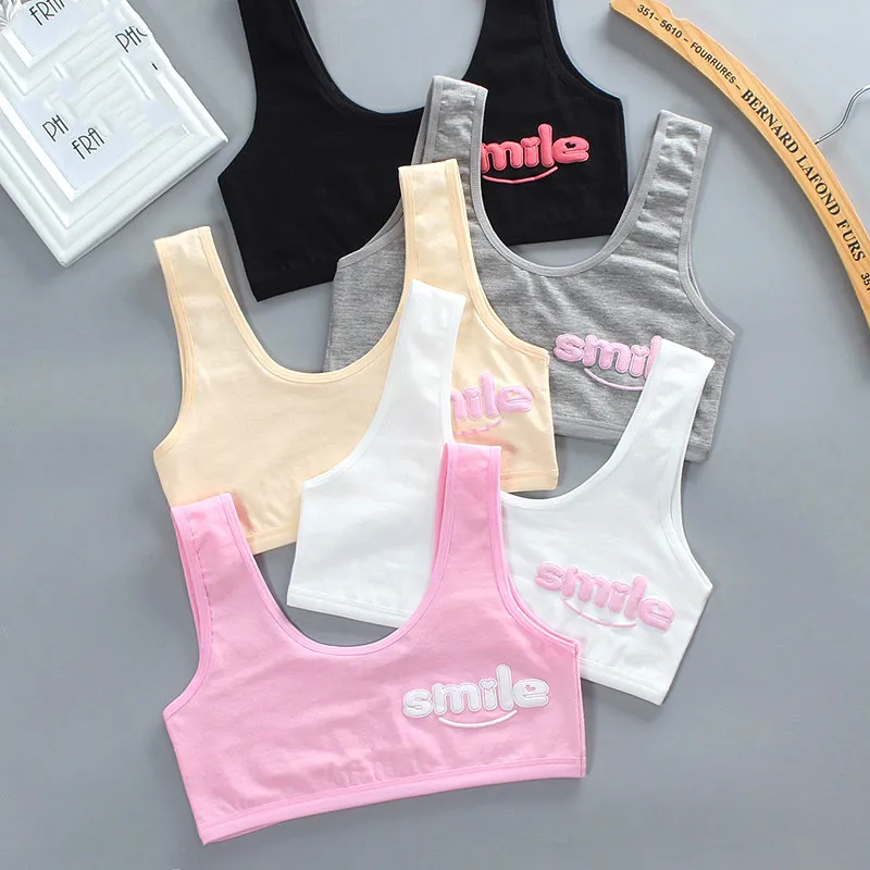 3Pcs/lot Girls Gra 7-14 Years Old Children's Developmental Vest Underwear Double-layer Sling Cotton Smile Print Girls Bra