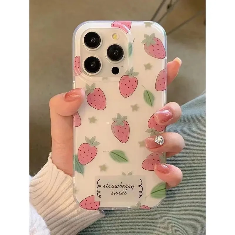 フルスクリーン可愛いイチゴ高級スマホケース iPhone 16 15 14 13 12 11 PRO MAX 14 15 16 PLUS Y2K 耐衝撃スマホケース
