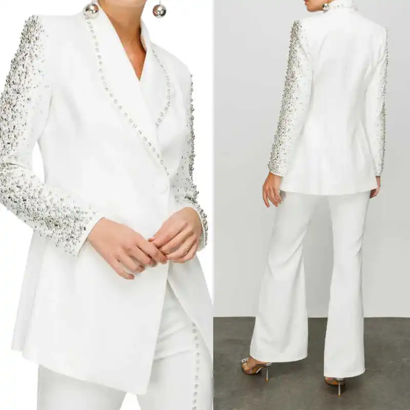 Luxury Women Suits Beadeds Shawl Lapel Jacket One Button Office Ladies Work Wear Plus Size Birthday Party 2 Pieces Customized