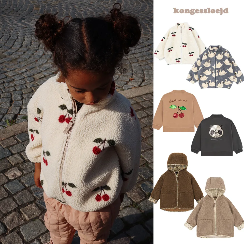 

High Quality Children's Clothing Autumn/Winter Ks Hooded Lamb fur Coat Girls Boys Sequined Cherry Jacket Warm And Thick