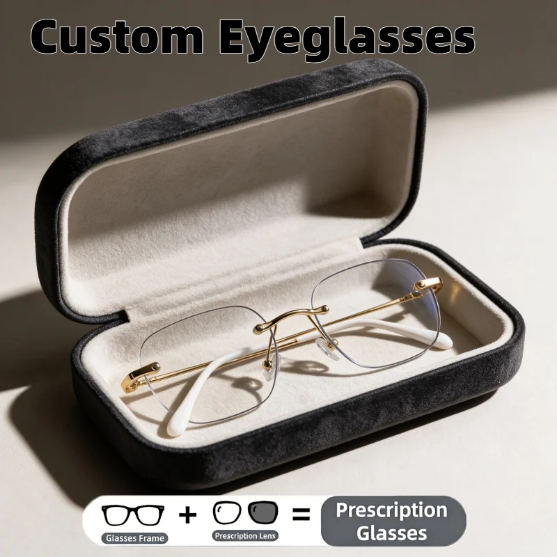 Custom Rimless Cut Edge Prescription Eyeglasses Men Women Ultra Light Titanium Metal Frame Business Custom Diopter Spectacles
