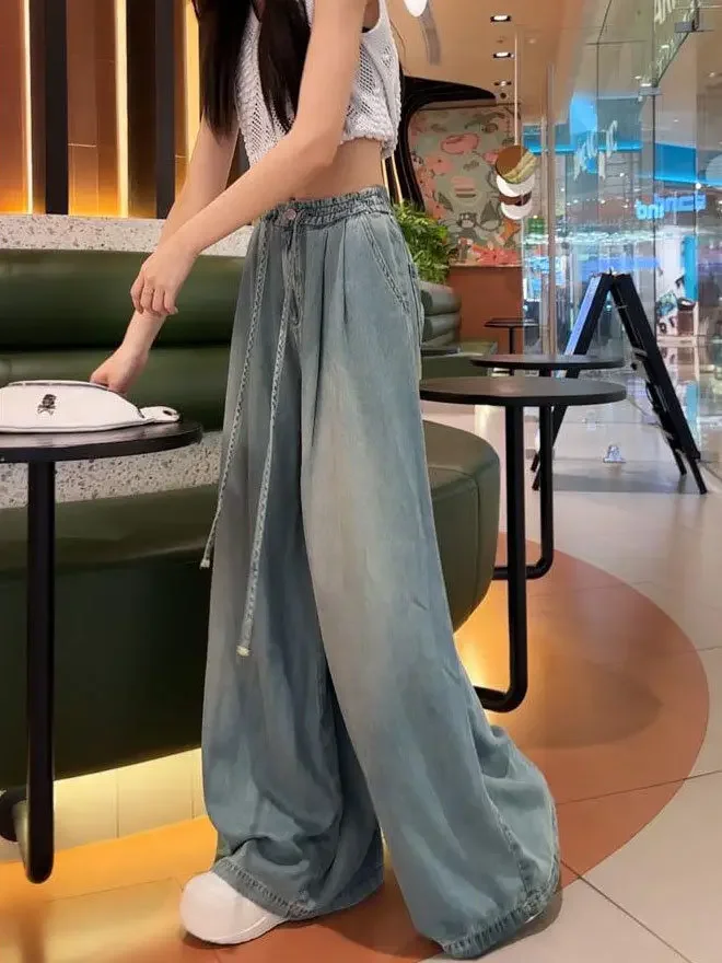 Verão novo drape pernas largas elástico e versátil ins na moda versátil calças namorado jeans para mulheres calças femininas