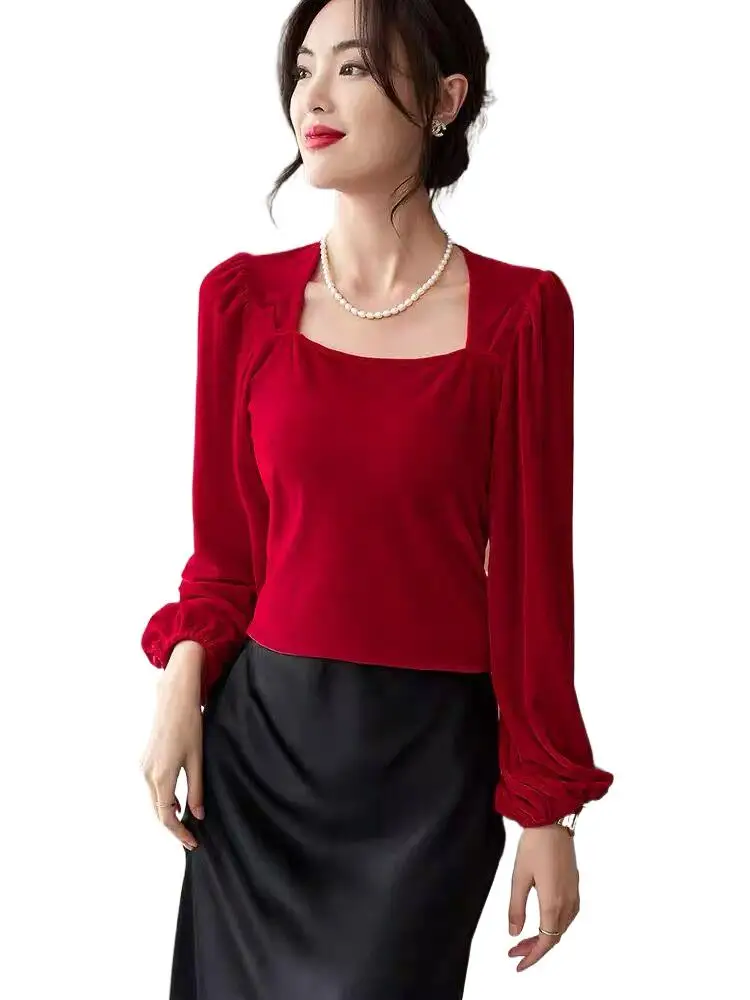 

Autunm Women Square Collar Lantern Sleeve Velvet shirt Top Blouse Spring Wine Red Black Velour Tops and Blouses