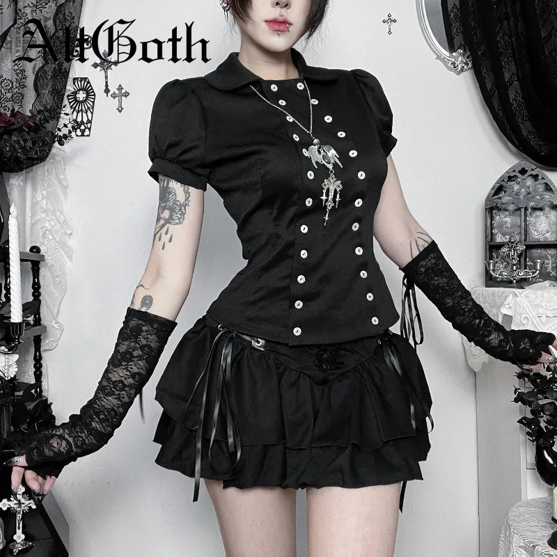 

AltGoth Dark Gothic Palace Style Shirt Women Harajuku Vintage Emo Alternative Grunge Double Breasted Short Sleeve Black Blouse
