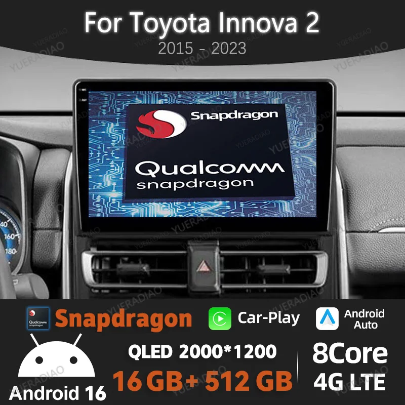 Android 16 Car Radio For Toyota Innova 2 2015 - 2023 Multimedia Video Player Qualcomm QLED Head Unit 2DIN GPS NAVI BT 4G WIFI  