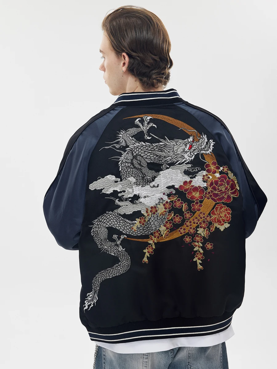 

Sukajan Dragon Top Embroidered Jaet Heavyweight Moon Dragon Wind Outerwear Stand Fit Pure Color Zipper Closure Long Sve