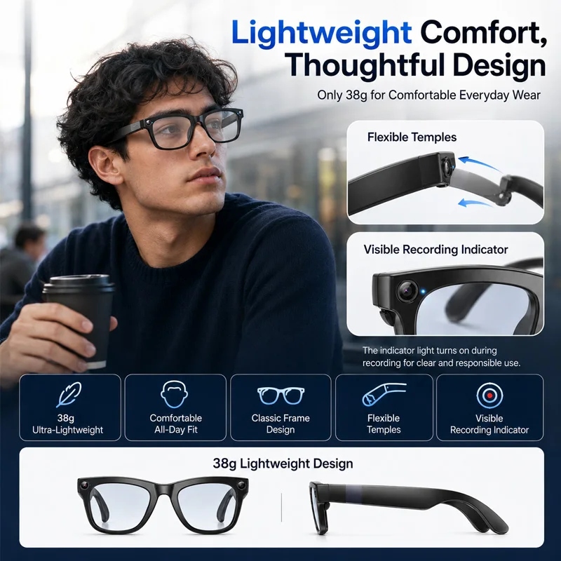 1080P HD Video EIS Anti-shake Smart Glasses Long-term Stable Recording 2MP HD Camera AI Q&A Bluetooth Call Smart Glasses 2026