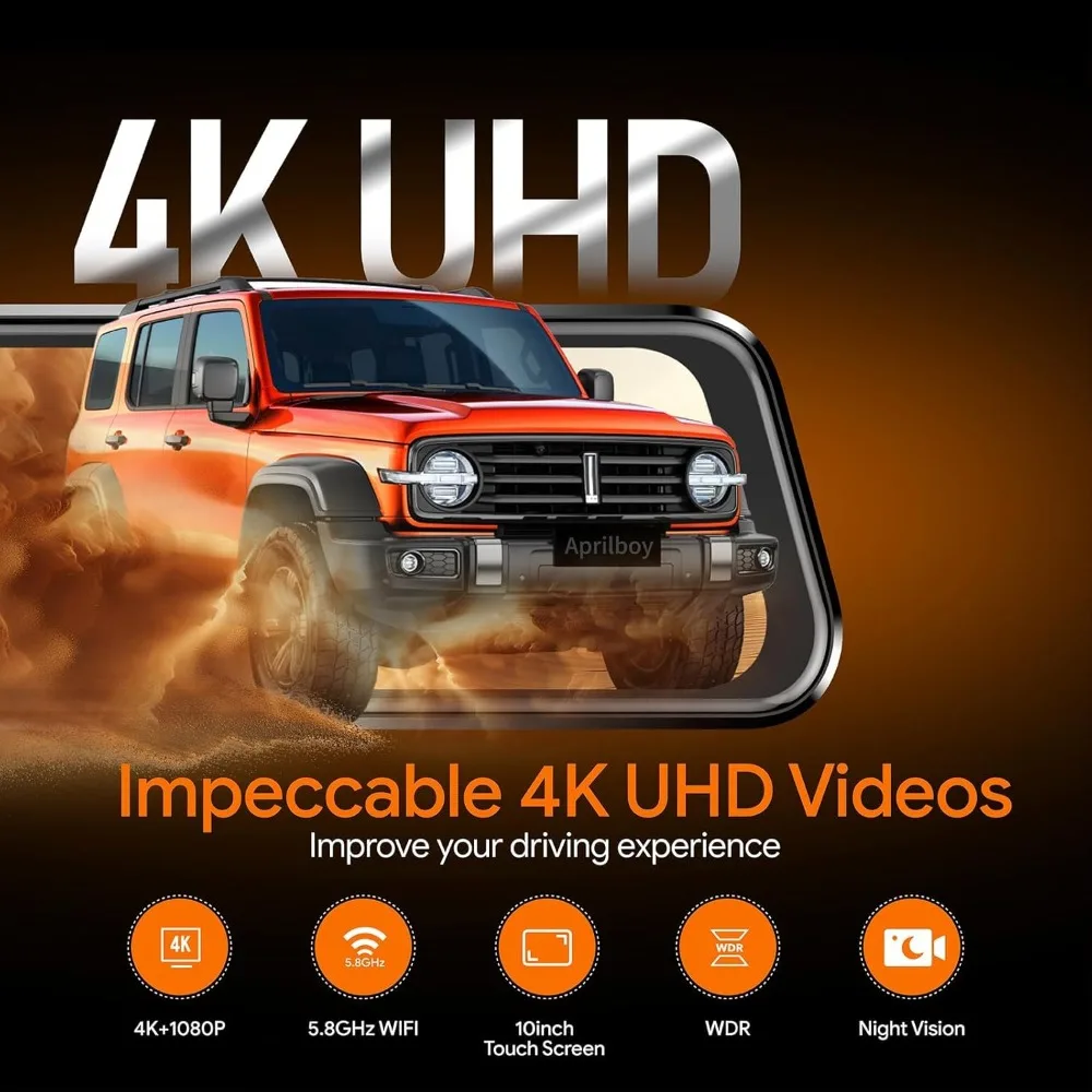 Aprilboy 3 Channel Mirror Dash Camera for Cars, 10 Triple Rear View Mirror with Front 4K/3K, Inside and Rear 1080P with WiFi, G-