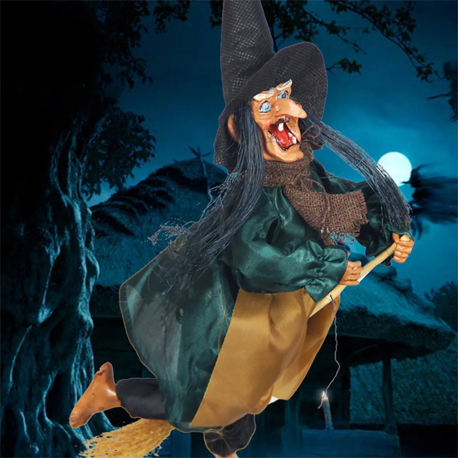 Halloween Hanging Animated Talking Witch Props Laughing Sound Control Decor