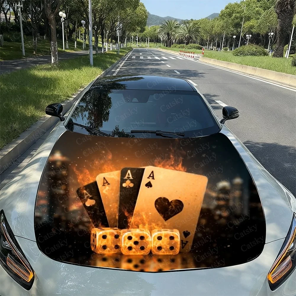

This car hood features a fiery design with poker aces and dice, creating a bold and dynamic look for your vehicle.Fun car acces