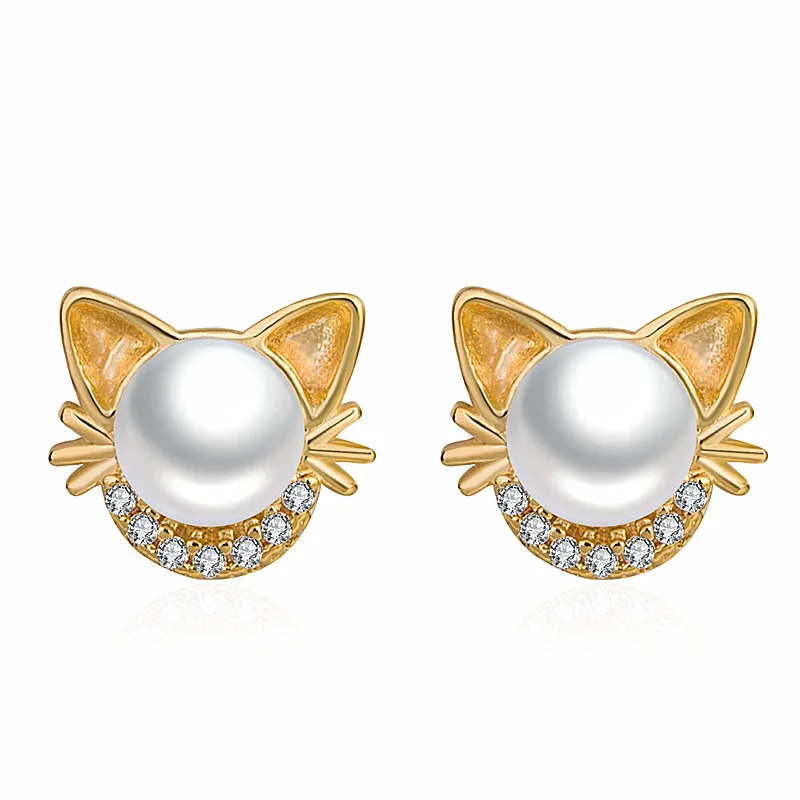 

925 Sterling Silver Cat Pearl Stud Earrings with Lab Diamond Exquisite Cute Wedding Engagement Ear Piercing for Women And Girls