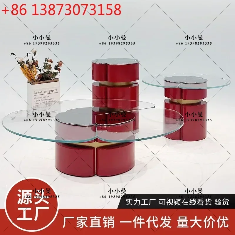 Light luxury minimalist designer living room red tempered glass corner table combination coffee table
