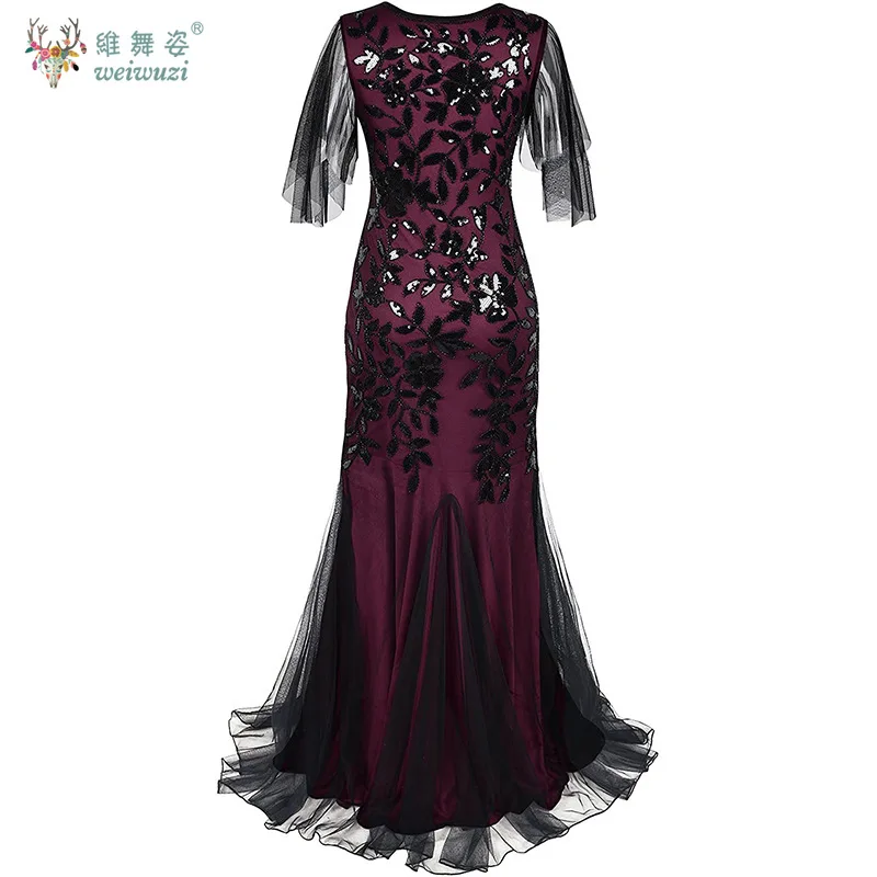 

Women's Retro O-neck Short-Sleeve Tulle Embroider Bead Embroidery Formal Evening Party Dress Sequin Mesh Mermaid Dress Long Gown