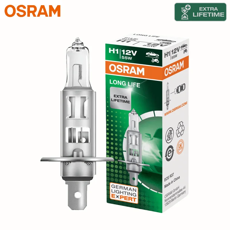 OSRAM LONG LIFE H1 Car Halogen Headlight Original Auto Bulb P14.5s 12V 55W 3200K White More Durable Standard Lamp 64150L 1/2X