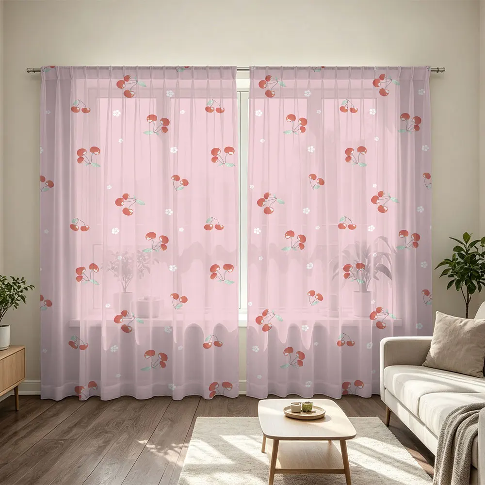 2pcs 90g rod-mounted curtains with a pink base and a pattern of small red cherry flowers, suitable for home decoration.