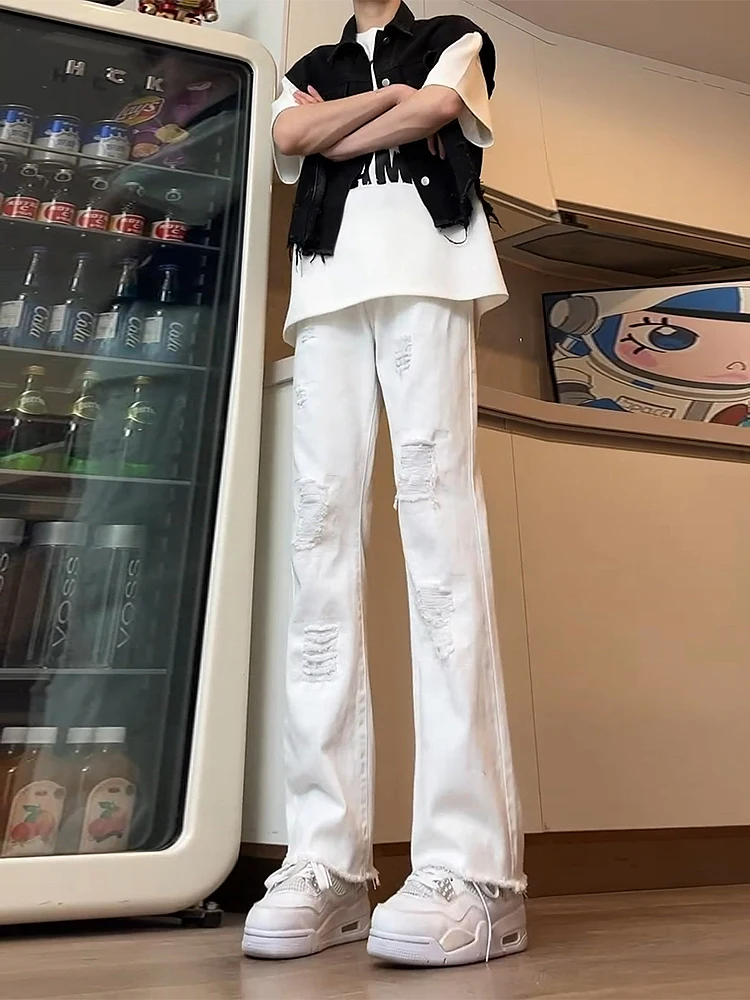 

Белые джинсы с потертостями и эффектом разрезов, мужские, летние, тонкие, модные, брендовые, уличный стиль, зауженные, прямые, слегка расклешенные брюки