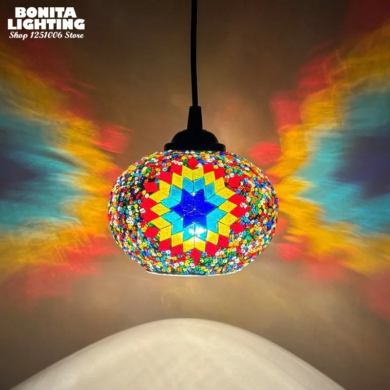 Geometric Mosaic Patterns Hanging Light Turkish Handmade Glass Pendant Lamp for Living Room Restaurant Hallway Boho Feature