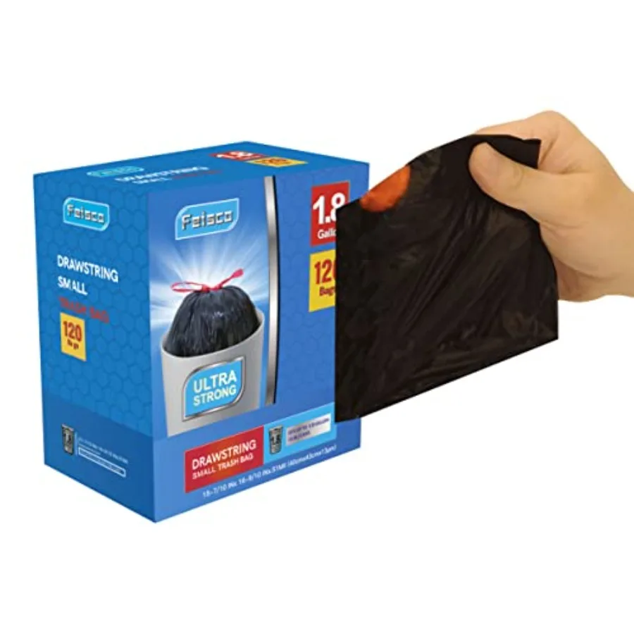

1.8 Gallon Black Trash Bag, Small Drawstring Garbage Bag Trash Can Liner, 120 Counts, 0.51 Mil