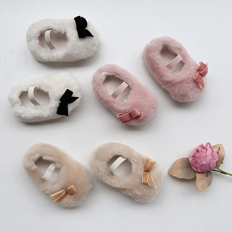 Sapatos Antiderrapantes para bebês recém-nascidos, Princesas, Monocromáticas, Laço, Pelúcia, Fofo, Velo, Quente, First Walker, Inverno, 0-18Months, 2023