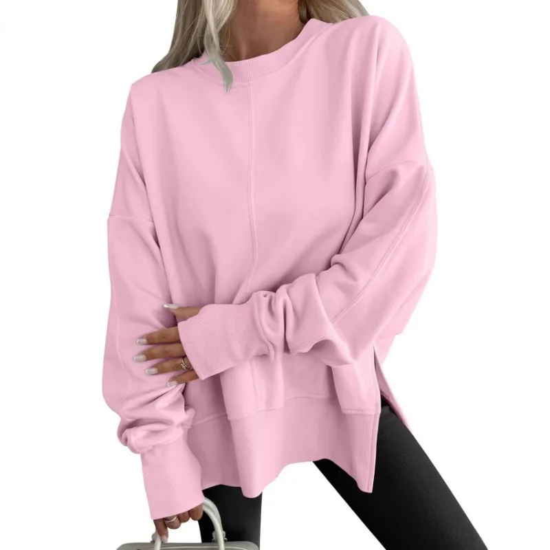 Popular European American Style Loose Sweatshirt with Side Slits Round Neck Bat Sleeves Velvet Top