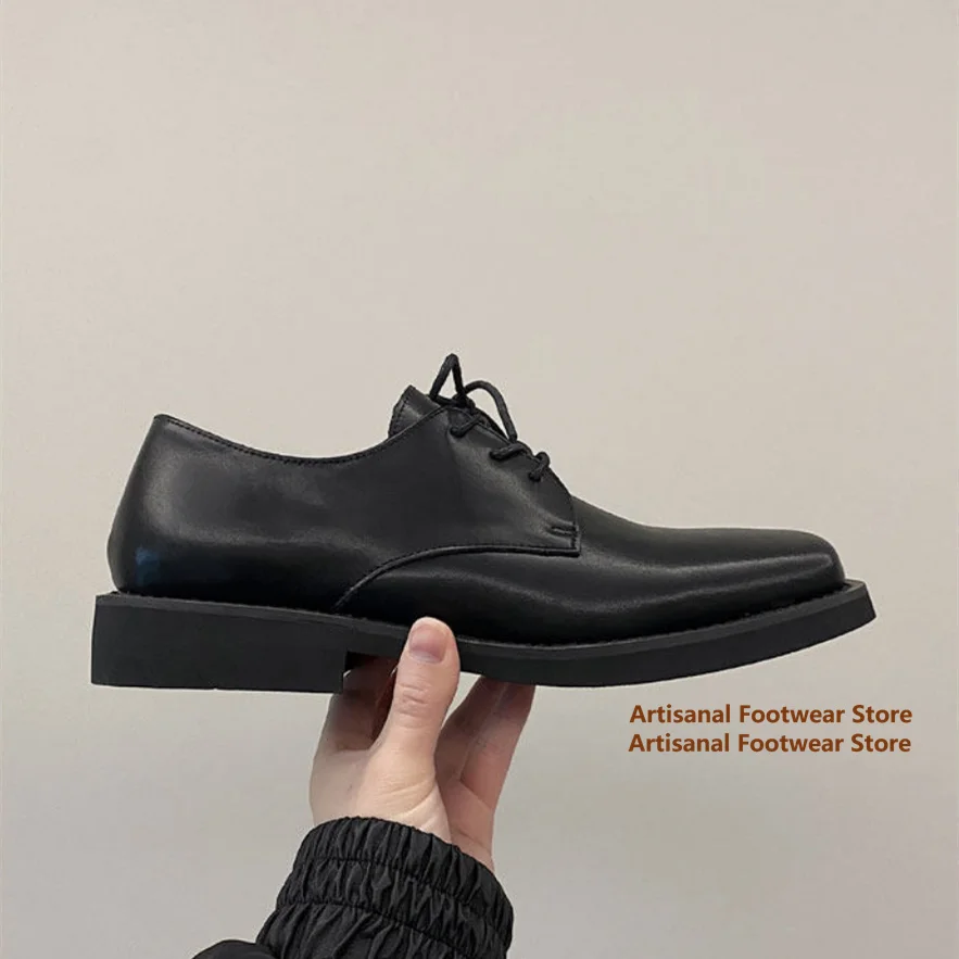 

Men's Black Leather Square Toe Derby Shoes Retro Lace-Up Business Formal Dress Oxford Shoes Trendy Stylish Men's Casual Shoes