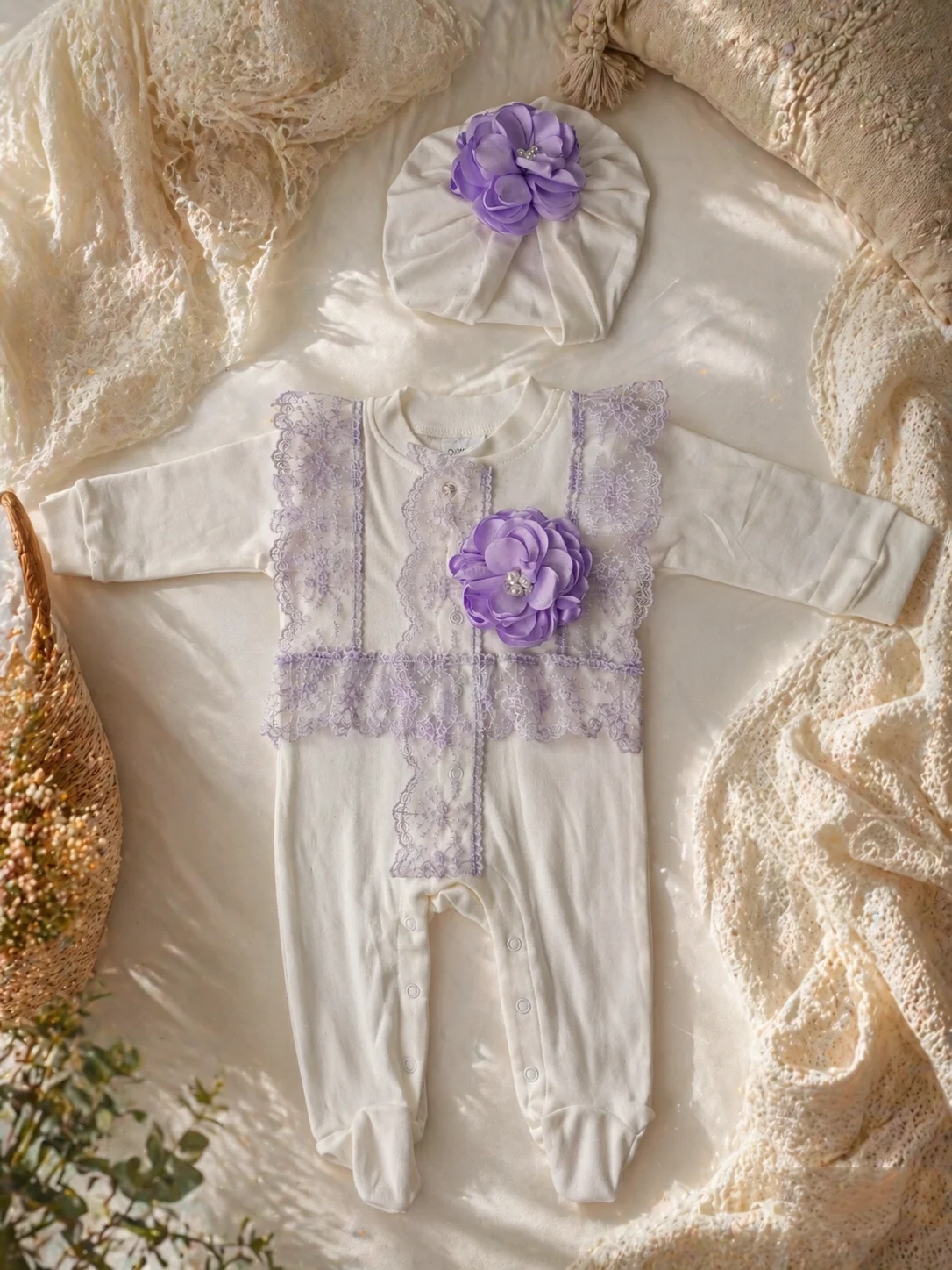 

2Pcs Celestial French Princess Style Footed Romper Purple Lace 3D Flower Newborn Full Moon 100 Days Outfit Incomparable Softness