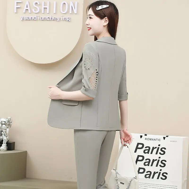 Women Summer New Fashion Professional Suit+Sling+Pants Three-piece Korean Elegant Hollow Out Thin Blazers Trousers Matching Set