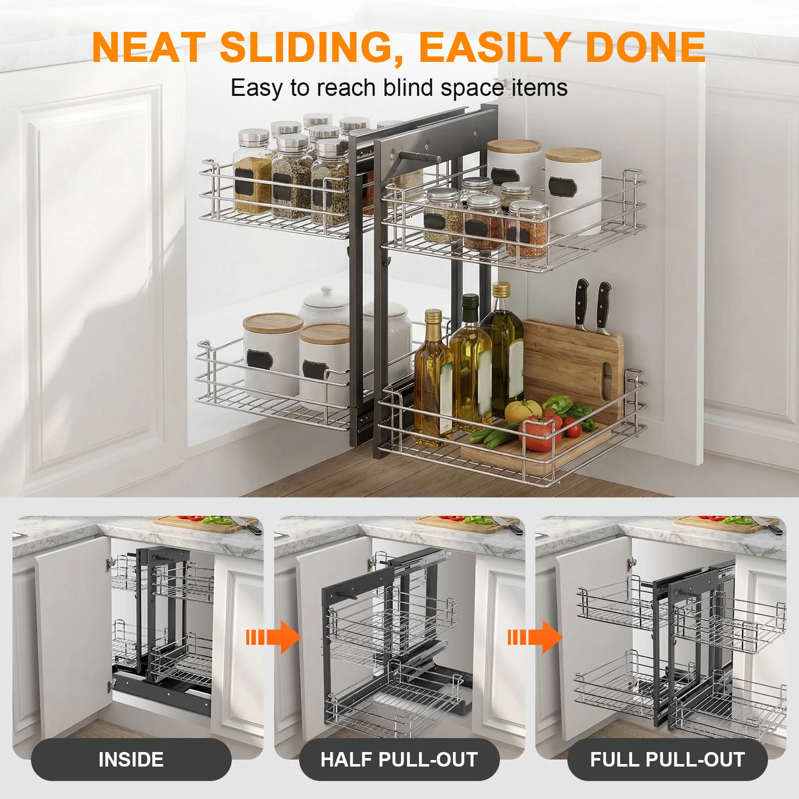 

2-Tier Pull-Out Basket in Cabinet Left and Right Blind Corner Cabinet Organizer 4 Shelves Slide Out Drawers for Kitchen Bathroom