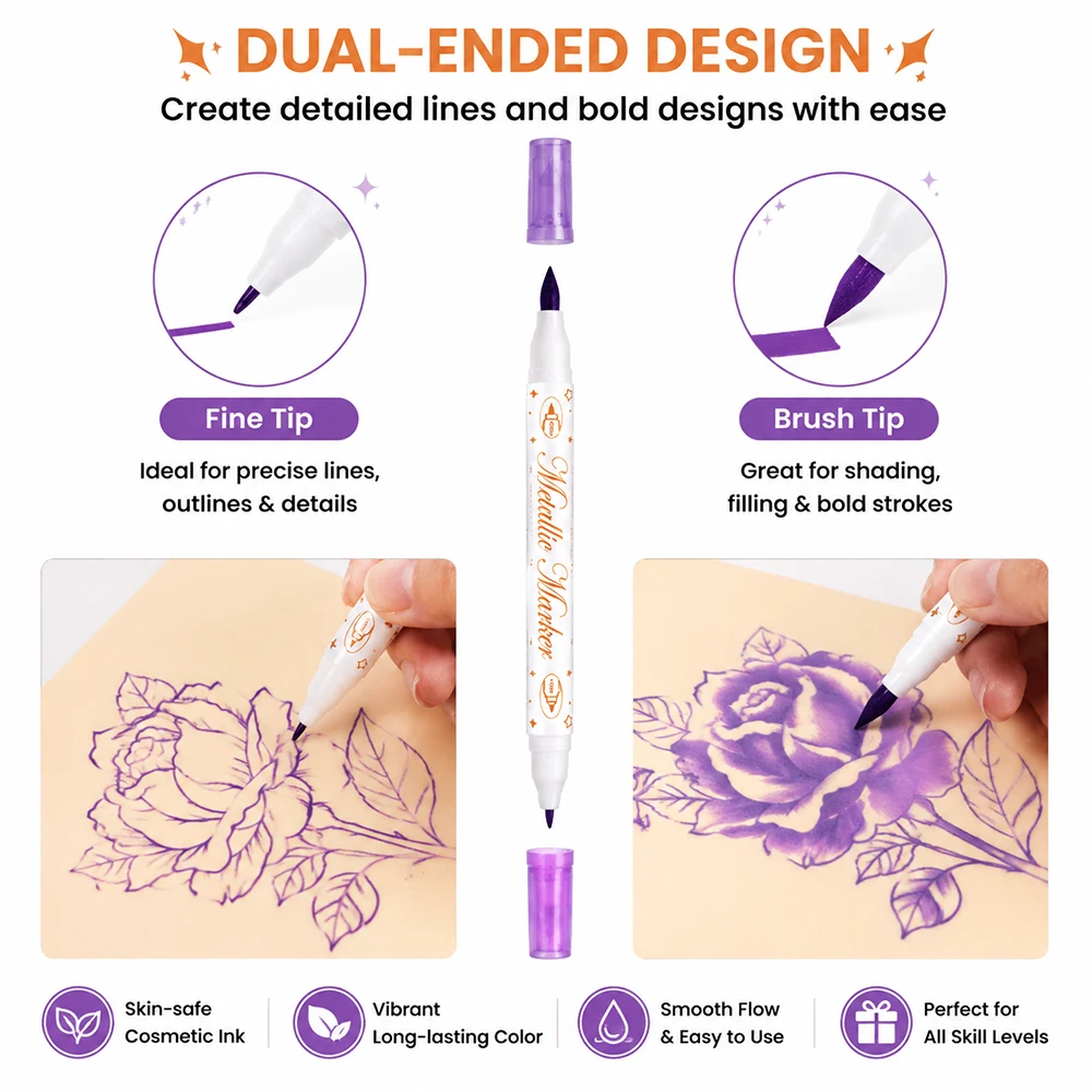 Temporary Tattoo Markers Pen 12 Colors with 80 Tattoo Stencil Designs Cosmetic Dual-Ended Tattoo Pens for Body Face Tattoo