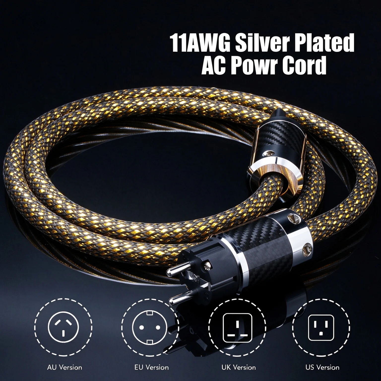 Power Cable Gold OCC Silver Plated Power Cord 11AWG Audiophile Amplifier IEC 320 C15 Power Cord Audio EU/US/AU Version Power Wir