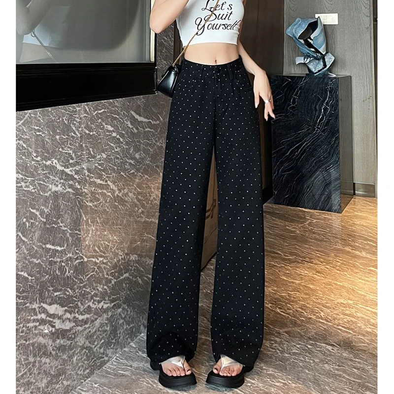 Women Trendy Polka Dot Print Streetwear Denim Wide Leg Pants Y2K Summer Female White High Waist Chic Straight Jeans Pantalones