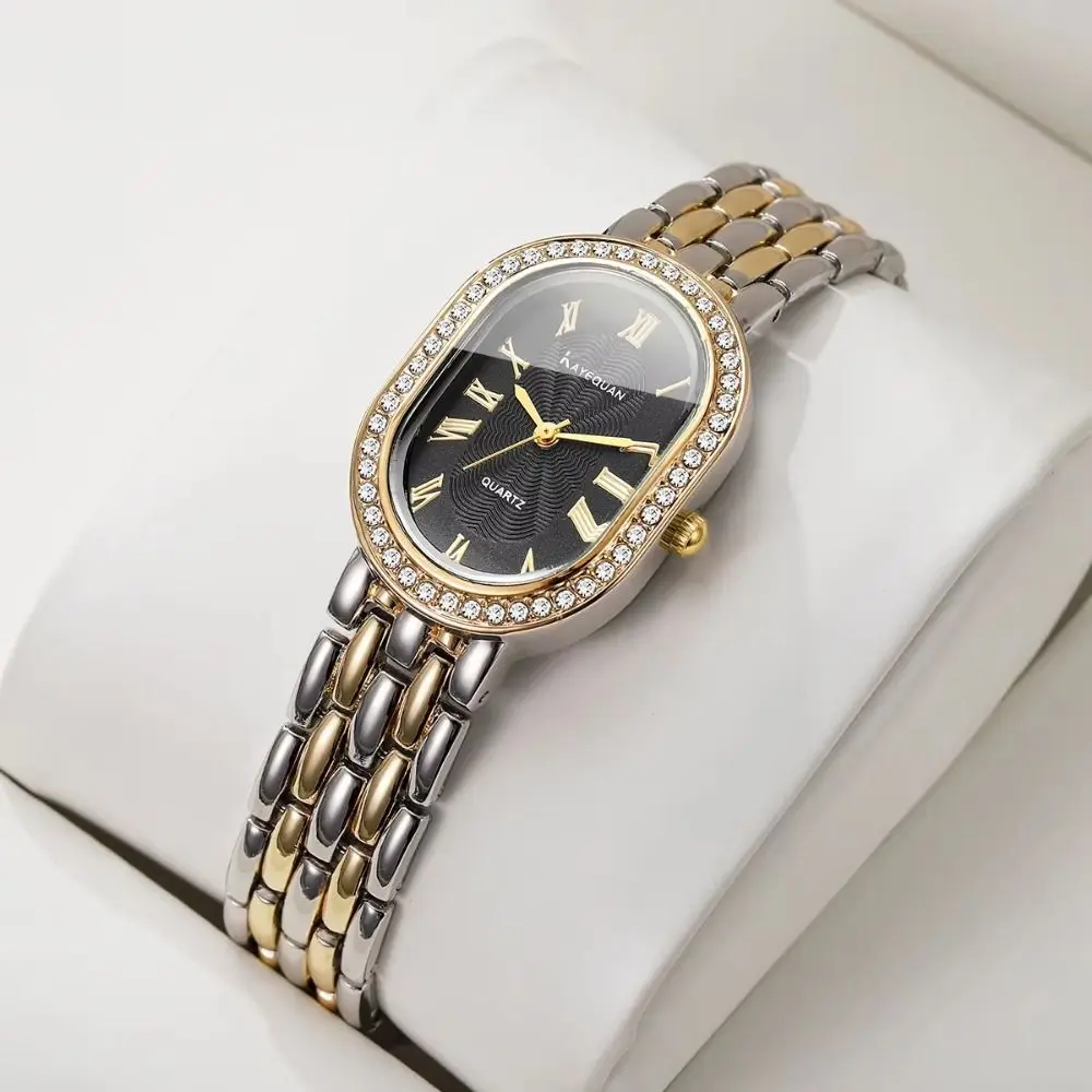 Oval Dial Women's Quartz Watch Rhinestone Encrusted Minimalist Ladies Wristwatch Adjustable Quartz Movement Vintage Female Clock