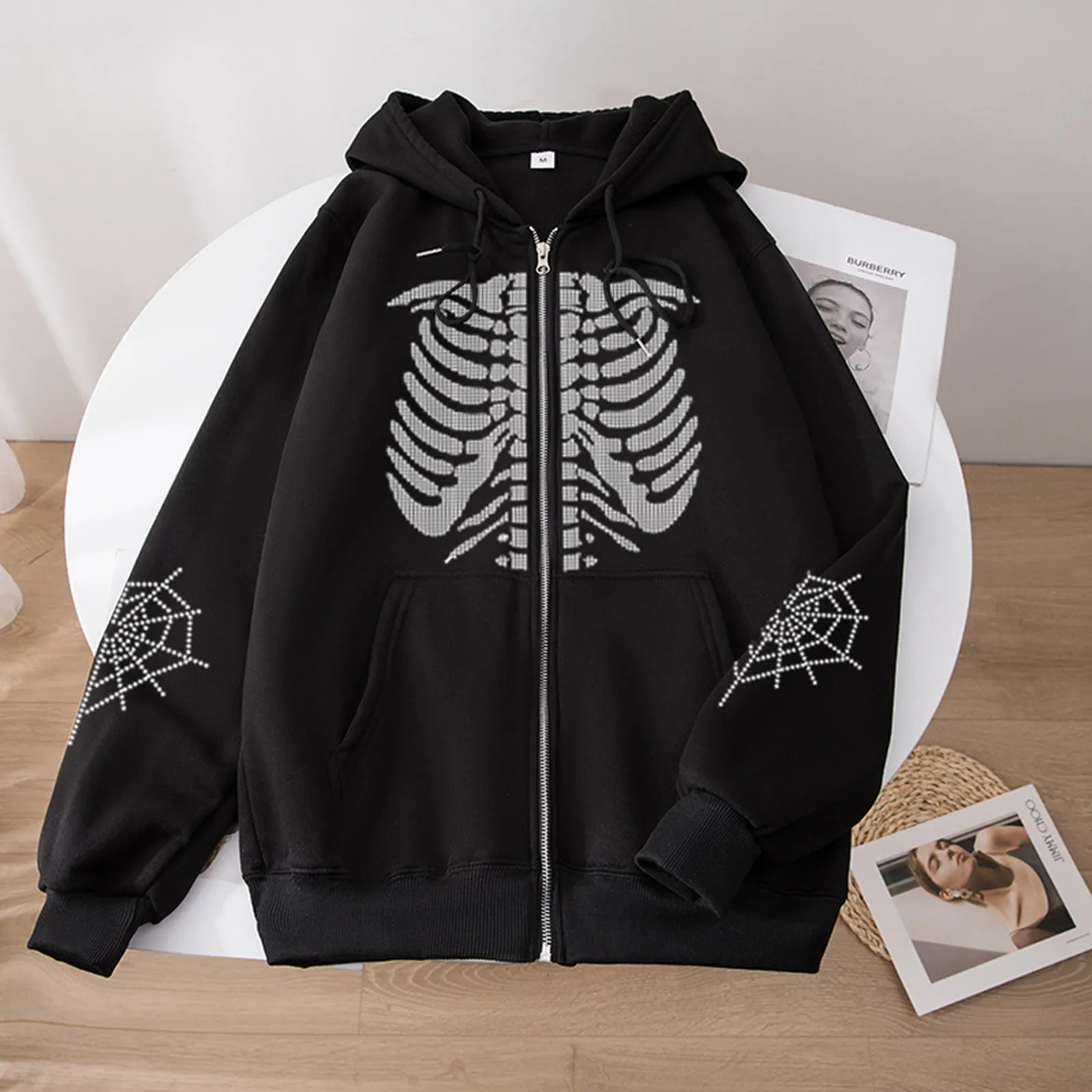 Y2 K Dames Hoodie Lichte Winter Jas Met Rits Oversized Halloween Schedels Sweatshirt Met Capuchon Harajuku Punk Gothic Blouse Sudade