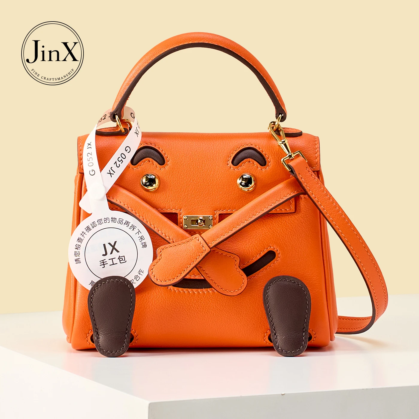 Women’s Handmade Genuine Leather Doll Handbag, Cartoon Applique Lock Top Handle Crossbody Bag