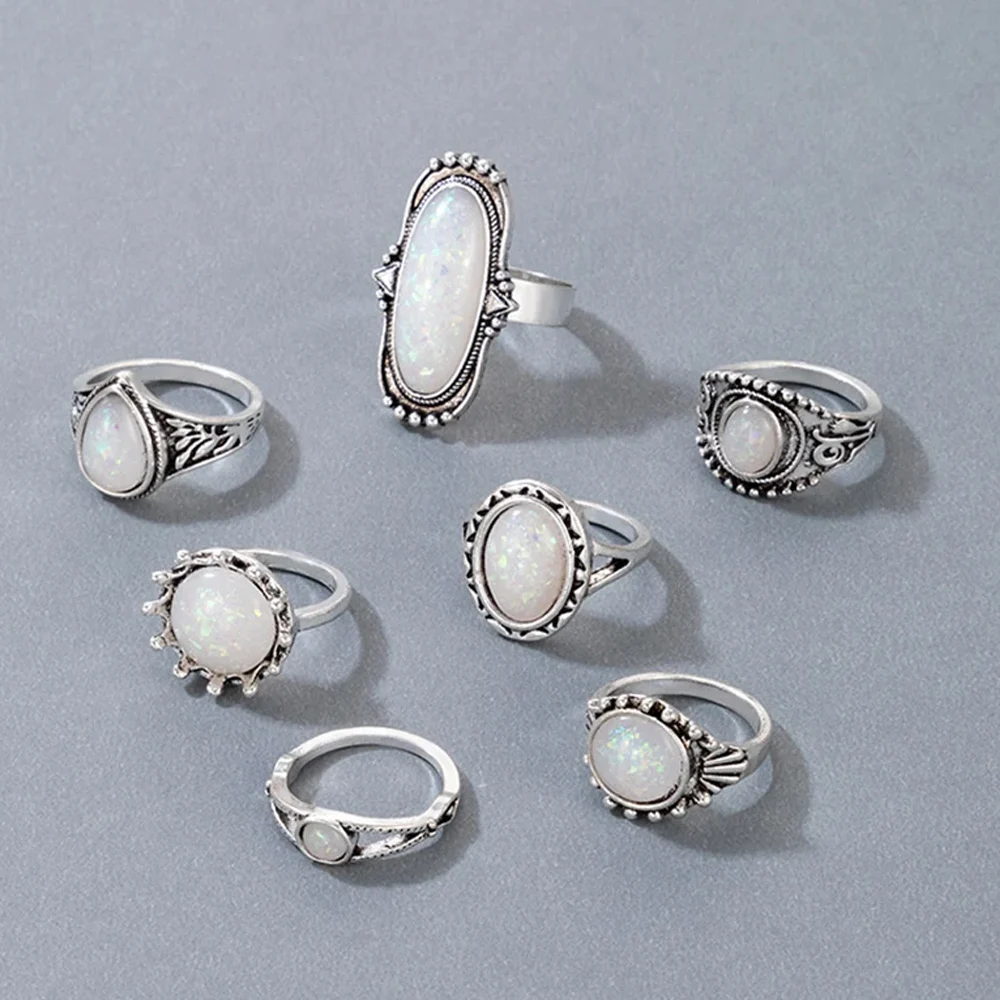 Vintage Rings Silver Color Carved Stone Bohemian Jewels For wmen and men ring set image 2