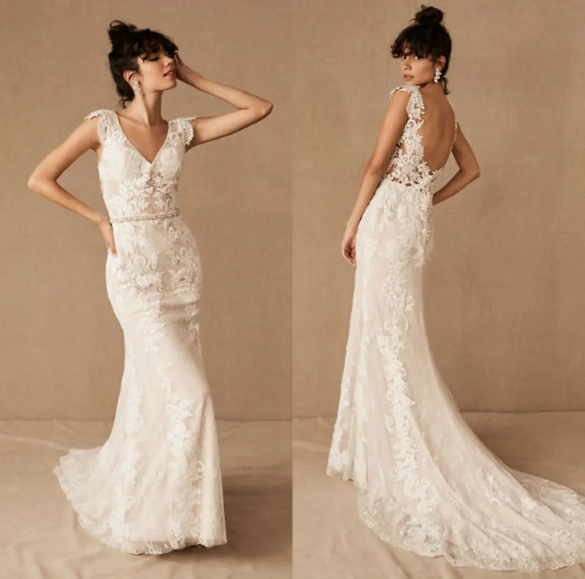 Luxe Zeemeermin Trouwjurk Diepe V-Hals Sexy Backless Lace Applique Country Trouwjurk Custom Strand Bruidsjurk 2024