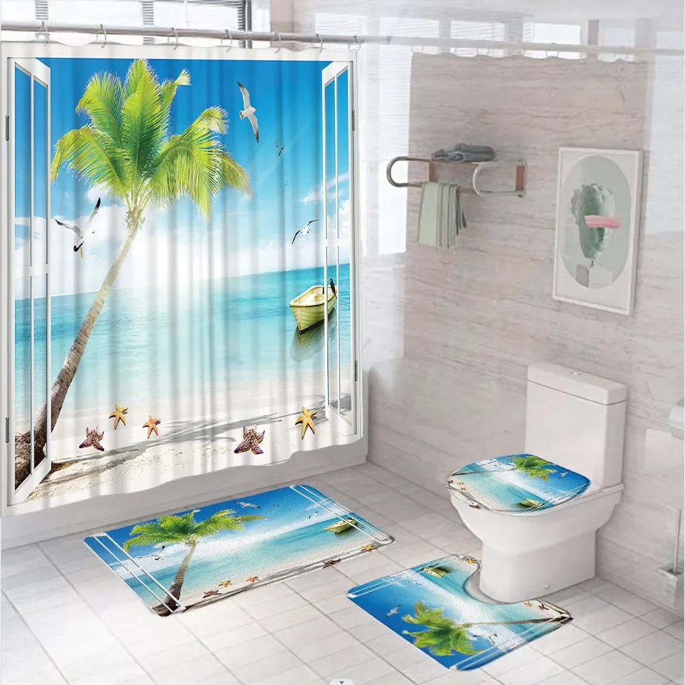 4Pcs Ocean Scenery Shower Curtain Set Sea Beach Palm Tree Wooden Window Starfish Boat Bathroom Curtain Bath Mat Rug Toilet Cover