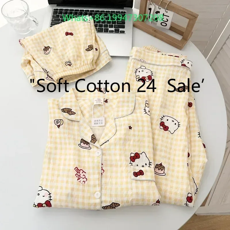

Новые летние женские пижамы Hello Kitty, комплект из трех предметов: шорты с короткими рукавами и брюки из чистого хлопка, домашняя одежда Hello Kitty