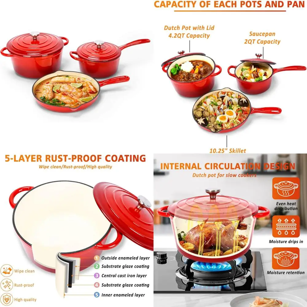 

Enameled Cast Iron Cookware Set: 5-Piece Dutch Oven, Sauce Pan, Skillet with Lids, PFOA-Free, Induction Compatible, Oven Safe, P