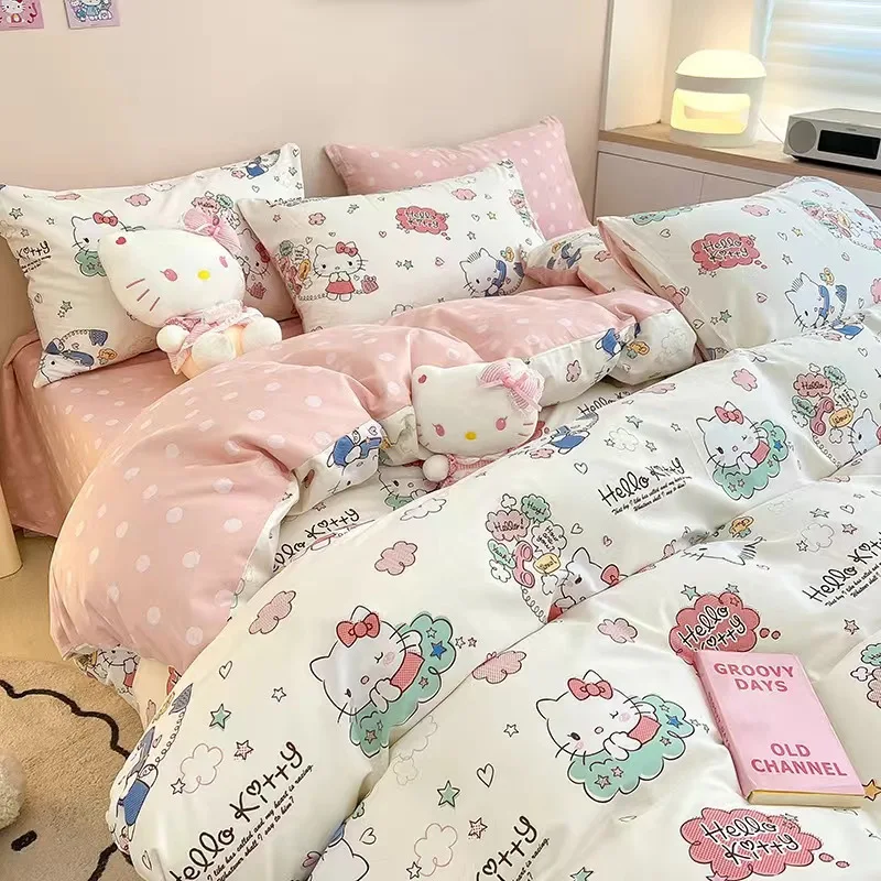 Hello Kitty washed cotton bedding 4-piece set cartoon girl heart dormitory bed sheet duvet set 4-piece bedding set