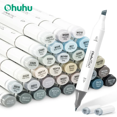Ohuhu Oahu 36 rotuladores de colores en tono gris, juego de marcadores de arte con Alcohol, bolígrafo de fieltro de doble punta, dibujo de bocetos, Graffiti, Manga, arte escolar