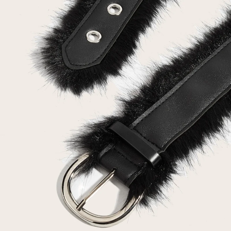 فاسق بو الفراء حزام Y2k خمر فو الفراء المرقعة أحزمة معدنية أفخم الخصر سلسلة فروي حزام الجينز زنار