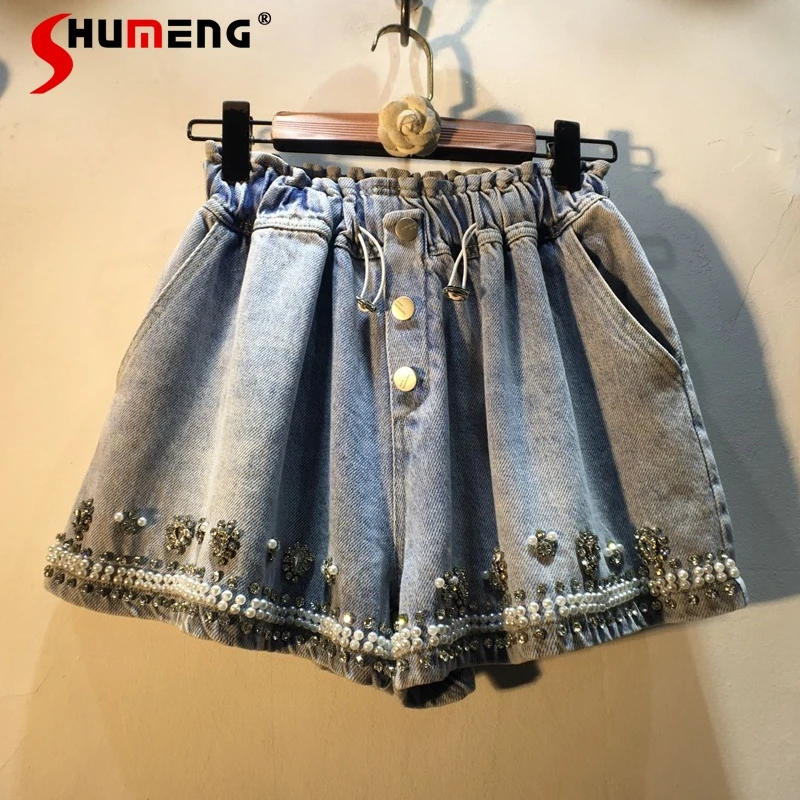 

2022 Spring Summer New Rhinestone Beaded High Waist Slimming Wide-Leg Denim Shorts Women Elastic Waist Jean Shorts High Street